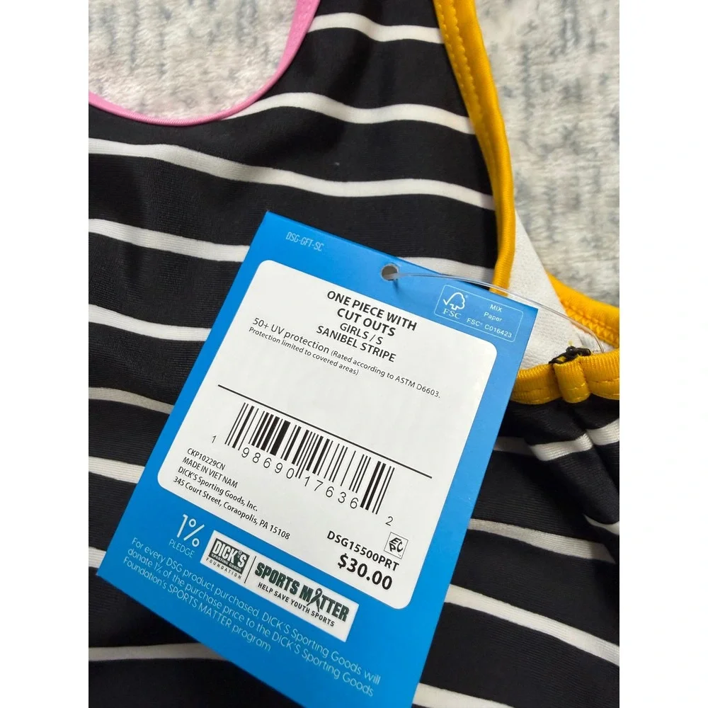 DSG Girls Sanibel Stripe One Piece Swimsuit Cut Outs Black White‎ Size S NEW